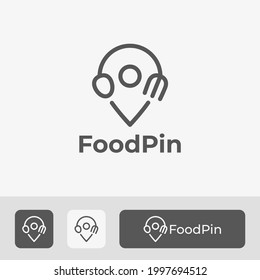 plantilla de logotipo de ubicación de alimentos, con cuchara, combinación de tenedor, pasador, diseño de línea simple