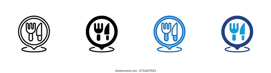 Vector de diseño de íconos de estilo múltiple de Locación de alimentos - Mapa pin con tenedor y cuchillo símbolo que representa el restaurante o comedor
