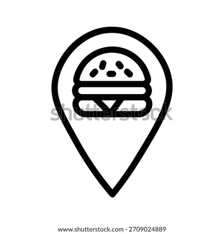 Food location pin icon featuring a map marker shape with a burger symbol inside, representing restaurant finder, food delivery location, dining spots, fast-food locator, and culinary destinations