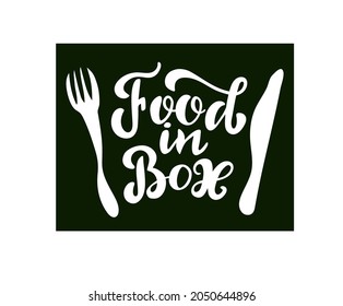 Food logo, box, sticks, lettering, dish  background logotype design. Hand drawn vector illustration.