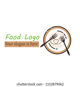 Food logo. Cafe or restaurant emblem. Plate with fork. Spaghetti Pasta.