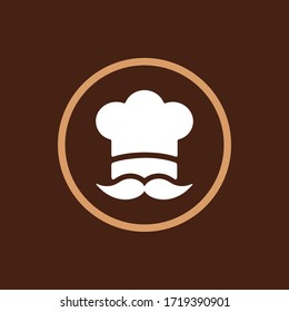 Food logo. Chef cap with mustache logotype. Grill, BBQ cooking. Cook face, mustache and hat, restaurant abstract business logo. Baker kitchen, cafe menu, tasty food icon. Vector company graphic design