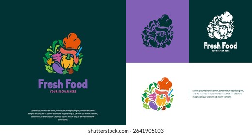food logo with chef hat , healthy restaurant symbol , food menu , vector graphic illustration.