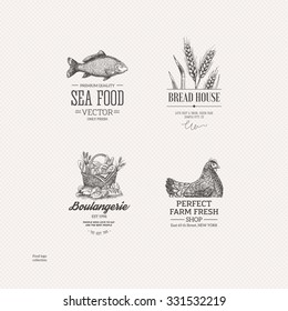 Food logo collection. Engraved logo set. Vector illustration