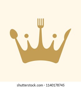 Concepto del logotipo de los alimentos. Concepto de corona de horquilla, cuchillo y cuchara sobre fondo blanco