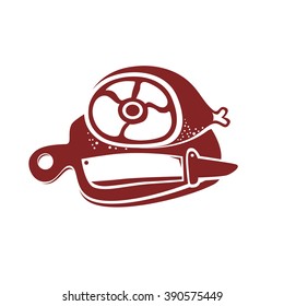Food logo concept. Meat with knife on cutting board. Vector one color illustration isolated on white.

