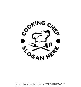 Food logo. Logo for Cooking with icon bbq tools, grill fork, spatula, text typography Cooking Chef. Graphic logo template. Vector Illustration