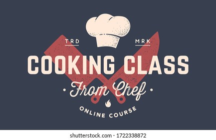 Food Logo. Logo For Cooking School Class With Icon Butcher Knives, Cleaver Knife, Chef Knife, Text Typography Coocking Class From Chef. Graphic Logo Template For Cooking Course. Vector Illustration