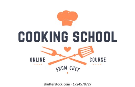 Food logo. Logo for Cooking school class with icon bbq tools, grill fork, spatula, text typography Coocking School, online Course. Graphic logo template for cooking cuisine course. Vector Illustration