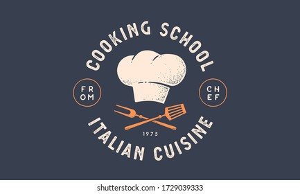 Food logo. Logo for Cooking school class with icon bbq tools, grill fork, spatula, text typography Coocking School, Cuisine. Graphic logo template for cooking cuisine course. Vector Illustration