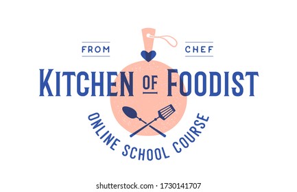 Food logo. Logo for Cooking school class with icon bbq tools, grill fork, spatula, text typography Kitchen Foodist, School Course. Graphic logo template for cooking cuisine course. Vector Illustration