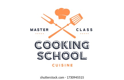 Food logo. Logo for Cooking school class with icon bbq tools, grill fork, spatula, text typography Coocking School, Master Class. Graphic logo template for cooking cuisine course. Vector Illustration