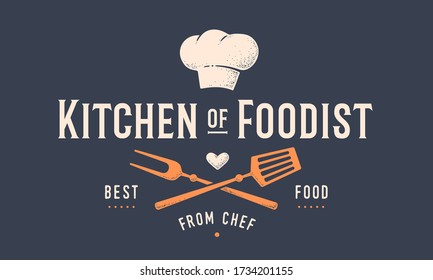 Food logo. Logo for Cooking school class with icon bbq tools, grill fork, spatula, text typography Kitchen of Foodist. Graphic logo template for cooking cuisine course. Vector Illustration