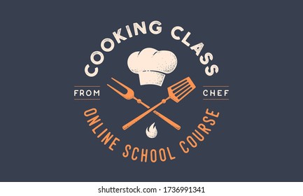 Food logo. Logo for Cooking school class with icon bbq tools, grill fork, spatula, text typography Coocking Class, School, Course. Graphic logo template for cooking cuisine course. Vector Illustration