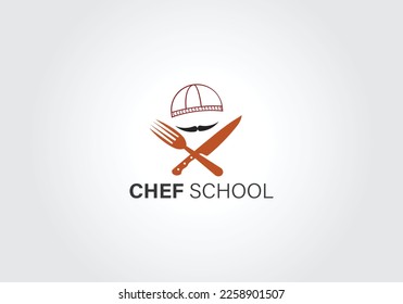 Food logo. Logo for Cooking school class with icon bbq tools, grill fork, spatula, text typography Coocking School, Cuisine.