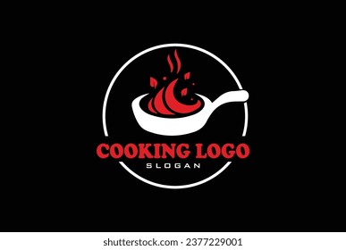 Food logo. Logo for Cooking school class with icon bbq tools, grill fork, spatula, text typography Coocking School, Cuisine Vector Illustration