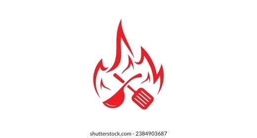 food logo design with a combination of cooking utensils and fire made in an abstract style.