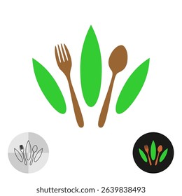 Food logo design with fork, spoon and green leaves arranged as crown. Healthy or vegetarian food concept symbol icon