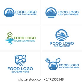 Food logo design with icon building landscape fork spoon and people paddle the boat illustration vector suitable for restaurant resort city chef