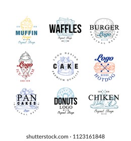 Food logo design set, muffin, waffles, burger, cake, hotdog, pancakes, donut, chiken, ice crem emblems for cafe, restaurant, cooking business, food shop, brand identity vector Illustrations