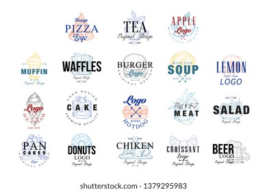 Food logo design set, muffin, waffles, burger, cake, hotdog, pancakes, donut, chiken, ice crem emblems for cafe, restaurant, cooking business, food shop, brand identity vector Illustrations
