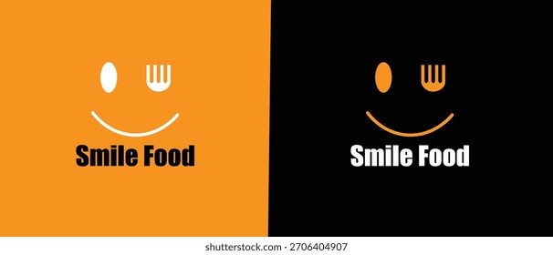  Diseño del logotipo de la comida. Diseño del Vector del tenedor de la cuchara con el símbolo gráfico del icono de la sonrisa. Icono feliz del Vector del restaurante de la comida 