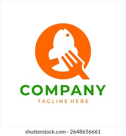 Food logo design that combines the letter q with a fish and fork, using the color orange.