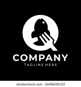 Food logo design that combines the letter q with a fish and fork, using white color.