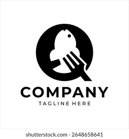 Food logo design that combines the letter q with a fish and fork, using black.