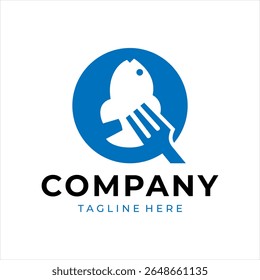 Food logo design that combines the letter q with a fish and fork, using the color blue.