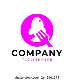 Food logo design that combines the letter q with a fish and fork, using the color purple.