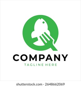 Food logo design that combines the letter q with a fish and fork, using the color green.