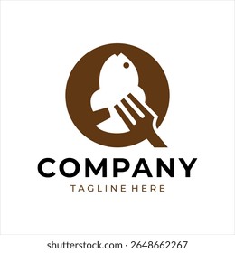 Food logo design that combines the letter q with a fish and fork, using brown color.