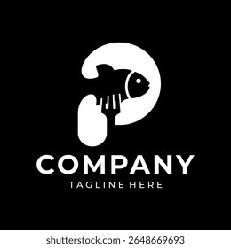 Food logo design that combines the letter p with a fish and a fork, using white.