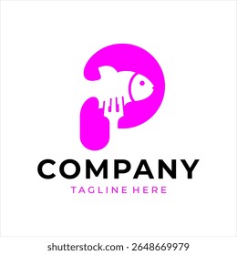 Food logo design that combines the letter p with a fish and fork, using the color purple.