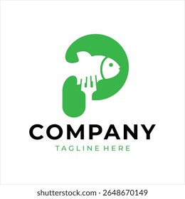 Food logo design that combines the letter p with a fish and fork, using the color green.