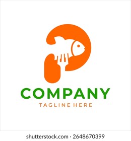 Food logo design that combines the letter p with a fish and fork, using the color orange.