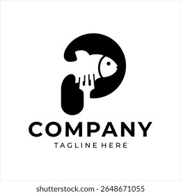 Food logo design that combines the letter p with a fish and fork, using black.