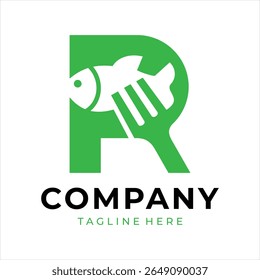 Food logo design that combines the letter r with a fish and fork, using the color green.