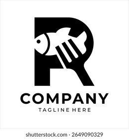 Food logo design that combines the letter r with a fish and fork, using black.