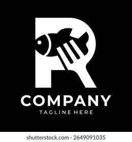Food logo design that combines the letter r with a fish and a fork, using white.