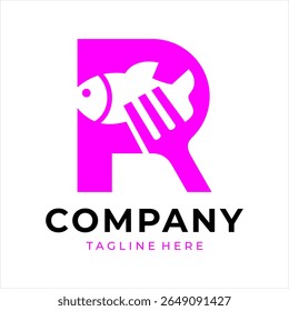 Food logo design that combines the letter r with a fish and a fork, using the color purple.