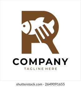 Food logo design that combines the letter r with a fish and a fork, using brown color.