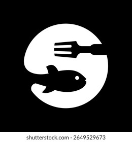 Food logo design that combines the letter s with a fish and fork, using white color.