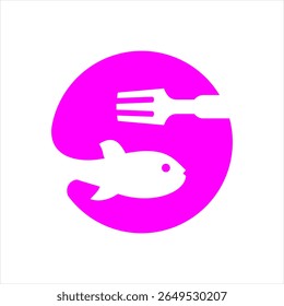 Food logo design that combines the letter s with a fish and fork, using the color purple.
