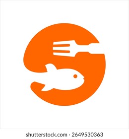 Food logo design that combines the letter s with a fish and fork, using the color orange.
