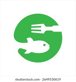 Food logo design that combines the letter s with a fish and fork, using the color green.
