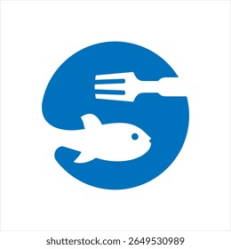 Food logo design that combines the letter s with a fish and fork, using the color blue.