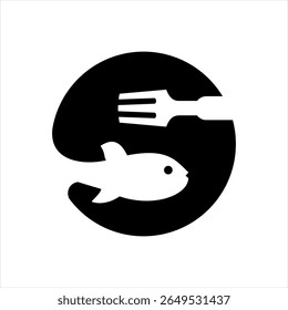 Food logo design that combines the letter s with a fish and fork, using black.