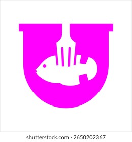 Food logo design that combines the letter u with a fish and fork, using the color purple.